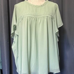 Torrid Chiffon Smocked Pin Tuck Flutter Short Sleeve Blouse in Smoke Green